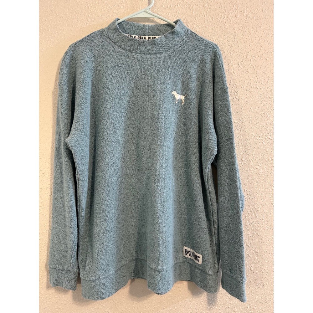 Victoria's Secret PINK Blue Textured Mock Neck Pullover Sweatshirt Logo Medium‎